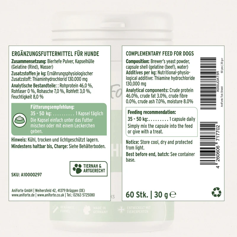 AniForte ZeckenSchild Kapseln für Hunde – Natürlicher Zeckenschutz mit Bierhefe & Vitamin B-Komplex für starke Hautbarriere und Abwehrkraft