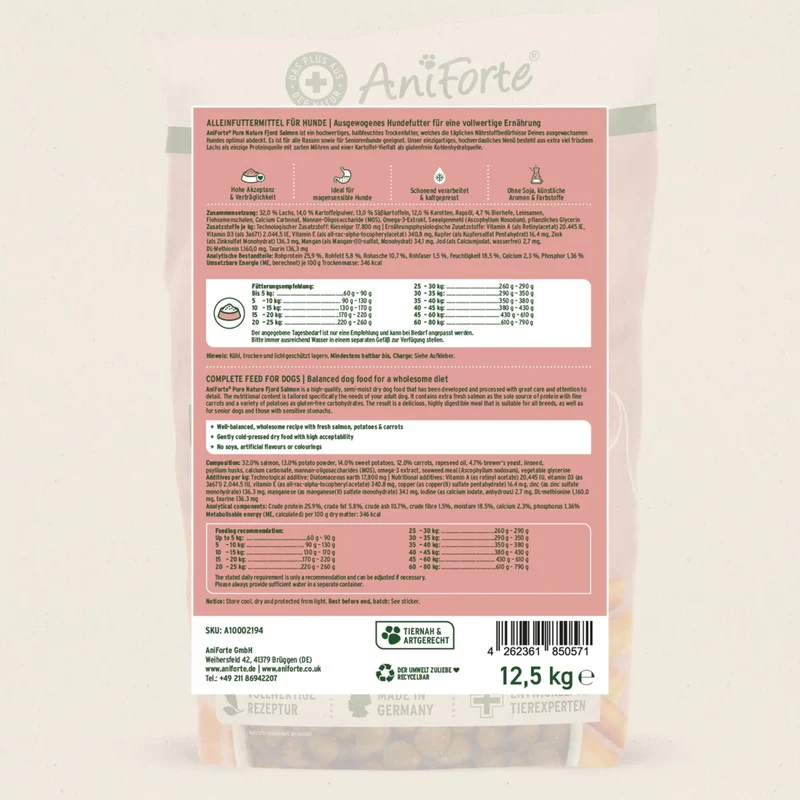 AniForte Pure Nature Fjord Salmon Premium Lachs Trockenfutter – Kaltgepresst & Hochverdaulich für ausgewachsene & ältere Hunde
