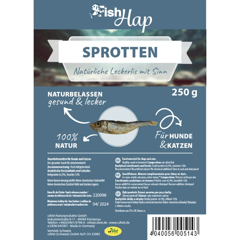 cdVet Fit-Hap FishHap Sprotten – Naturbelassener Kauspaß für Hunde & Katzen, 100% Fisch ohne Zusätze