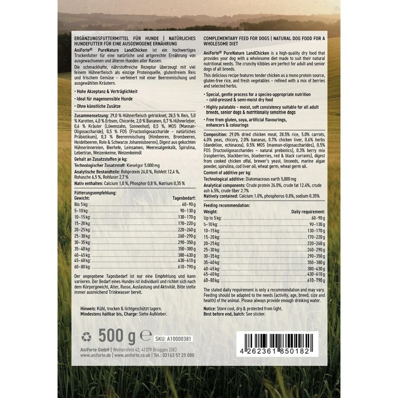 AniForte Pure Nature Premium-Trockenfutter mit Huhn – glutenfrei, leicht verdaulich & natürlich für ausgewachsene & ältere Hunde