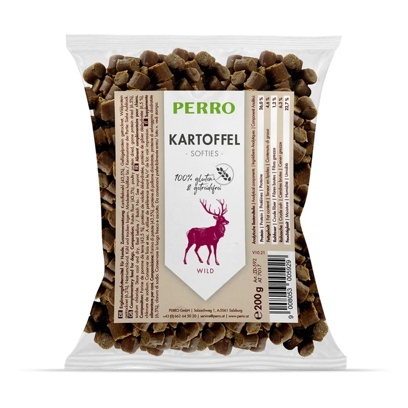 Perro Kartoffel Softies Wild – Weiche Hundesnacks mit Wildfleisch & Kartoffel, getreidefrei für sensible Hunde