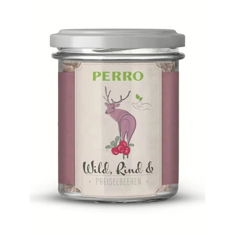 Perro Genießer Glas Wild, Rind & Preiselbeeren – Premium Hundenassfutter in Metzgerqualität für ausgewachsene Hunde, glutenfrei, im Glas