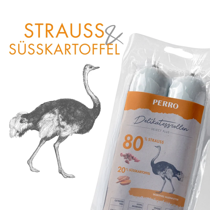 Perro Delikatessrolle No.3 Strauß & Süßkartoffel – Schnittfeste Hundewurst für unterwegs
