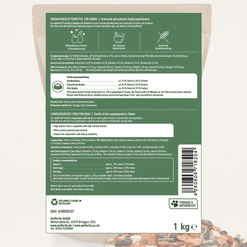 AniForte Früchte & Gemüse mit Kräutern Flocken – Natürliche BARF-Ergänzung für Hunde, Glutenfrei & Nährstoffreich
