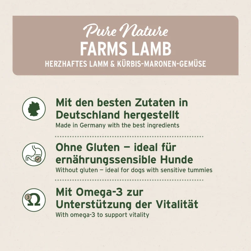 AniForte Pure Nature Farms Lamb Nassfutter für sensible Hunde – 100% Lamm, glutenfrei, mit herzhaftem Gemüse
