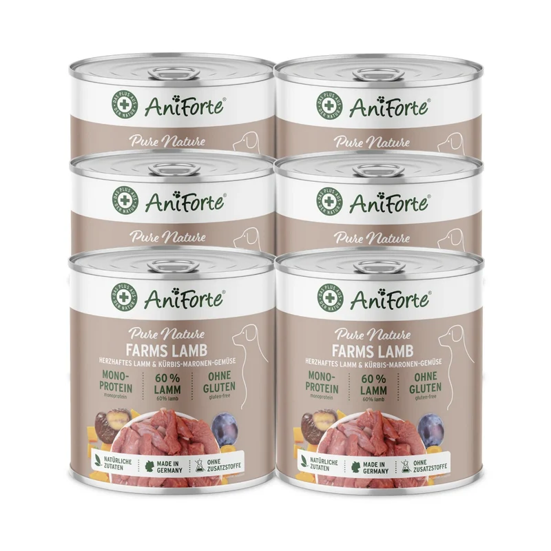 AniForte Pure Nature Farms Lamb Nassfutter für sensible Hunde – 100% Lamm, glutenfrei, mit herzhaftem Gemüse
