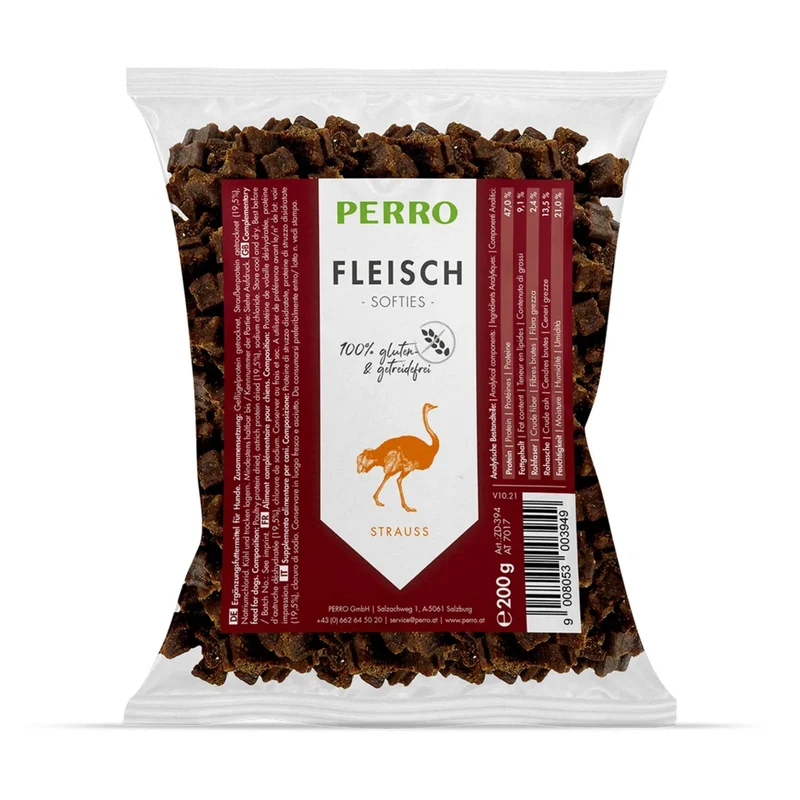 Perro Fleisch Softies Strauß – Weiche Trainingssnacks für Hunde, getreidefrei & hypoallergen, ideal für sensible Vierbeiner