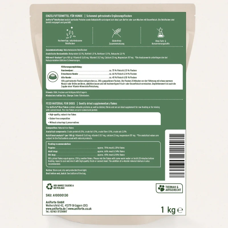 AniForte Reisflocken für Hunde – Glutenfreie BARF-Ergänzung, Naturbelassen & Leicht Verdaulich