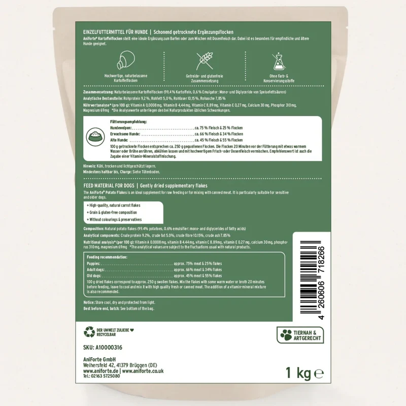 AniForte Kartoffelflocken für Hunde – Getreidefreie BARF-Ergänzung, Proteinreich & Glutenfrei, Natürliche Ballaststoffe