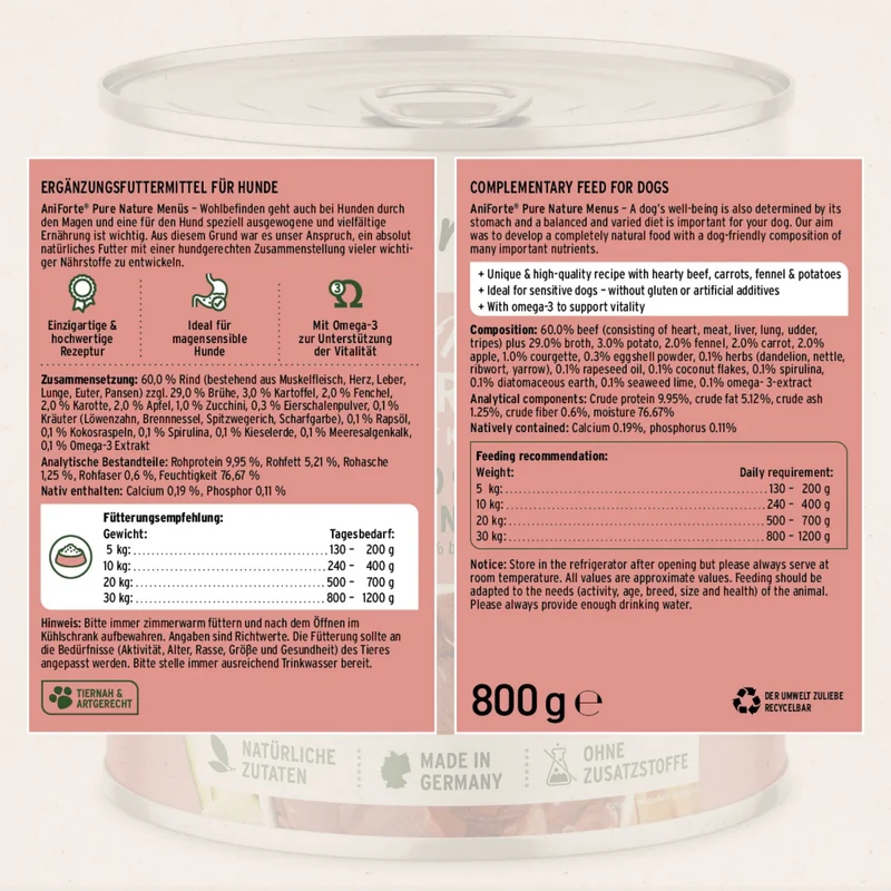 AniForte Pure Nature Country Beef Premium Nassfutter – 100% Rind, getreidefrei & reich an Omega-3 für gesunde Hunde