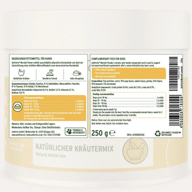 AniForte WermiX Pulver für Hunde – Natürliches Kräuterpulver zur Unterstützung nach Wurmkur – Mit Thymian, Beifuß, Wermut & Salbei für eine schnelle Erholung