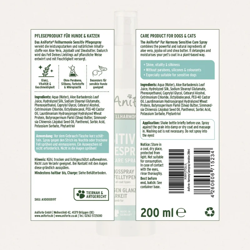 AniForte Fellharmonie Sensitiv Pflegespray für Hunde – Natürliche Fellpflege gegen Verfilzungen, für tollen Glanz und leichte Kämmbarkeit