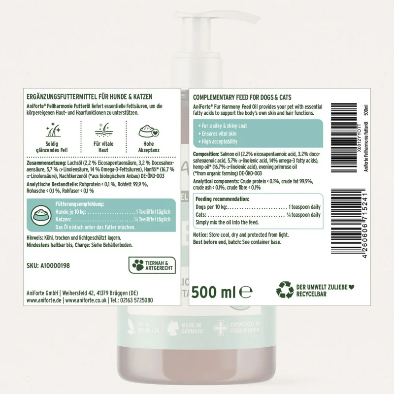 AniForte Fellharmonie Futteröl für Hunde & Katzen – Premium Omega-3 & Omega-6 Öl-Mix mit Lachsöl, Hanföl & Nachtkerzenöl für glänzendes Fell, gesunde Haut & weniger Juckreiz