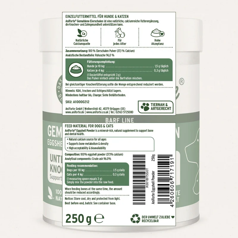 AniForte Gemahlene Eierschalen für Hunde & Katzen - Natürliches Calcium für starke Knochen & Zähne, Premium Nahrungsergänzung beim BARFen
