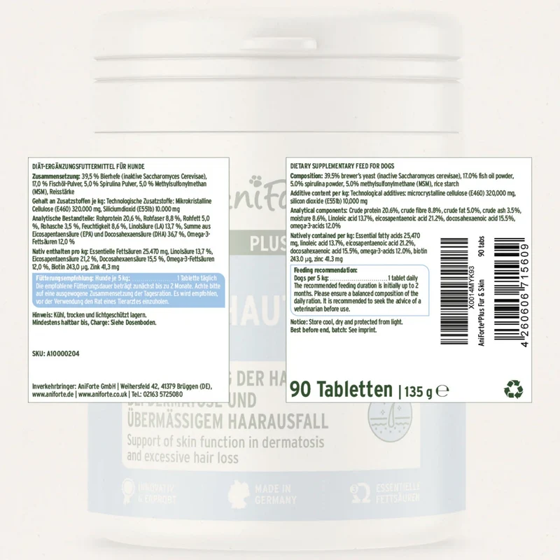 AniForte PLUS Fell & Haut Tabletten für Hunde – Natürliche Unterstützung für glänzendes Fell, gesunde Haut und weniger Juckreiz