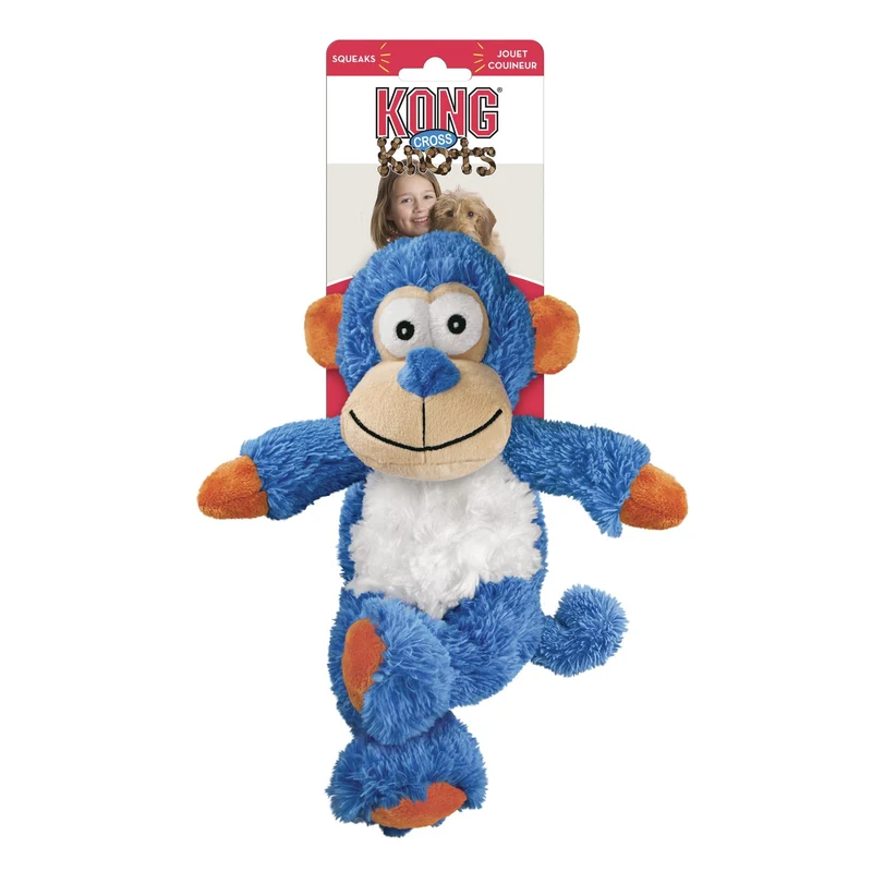 KONG Cross Knots Monkey – Robustes Plüsch-Hundespielzeug mit Quietscher & geknoteten Seilen für intensive Kau- & Zerrspiele