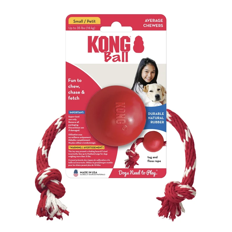 KONG Ball mit Seil – Robustes Hundespielzeug aus Naturkautschuk für Apportieren, Zerren & Kauen