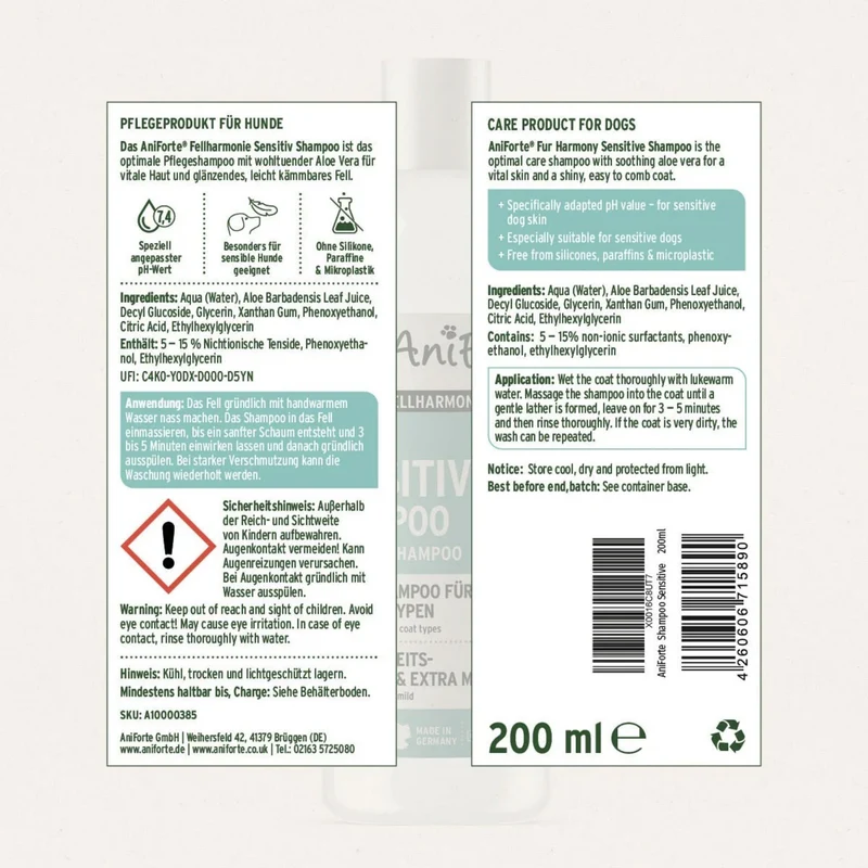 AniForte Sensitiv Shampoo für Hunde mit Aloe Vera – Sanfte Pflege für empfindliche Haut & glänzendes Fell, pH-hautneutral