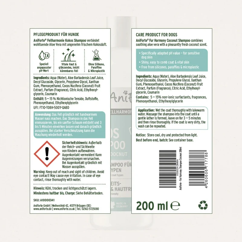 AniForte Kokos Shampoo für Hunde – Sanfte Fellpflege mit natürlicher Kokosnuss für glänzendes, gesundes Fell bei jeder Rasse