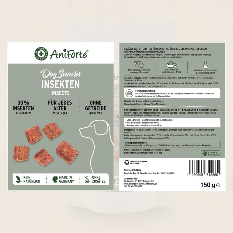 AniForte Insekten Hundesnacks – Natürliche Protein-Leckerlis für Allergiker-Hunde, getreidefrei & hypoallergen mit Mehlwürmern & Hermetia-Larven