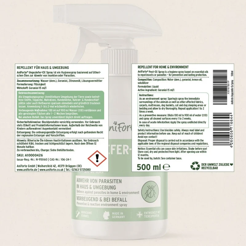 AniForte Ungeziefer-EX Spray für Hunde – Natürlicher Schutz gegen Flöhe, Zecken & Milben für Fell, Körbchen & Textilien