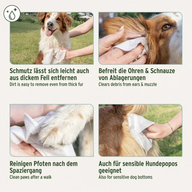AniForte Pflegetücher für Hunde – Sanfte Reinigung für Pfoten, Fell & Gesicht mit Aloe Vera & Hamamelis, Hypoallergen & Mild