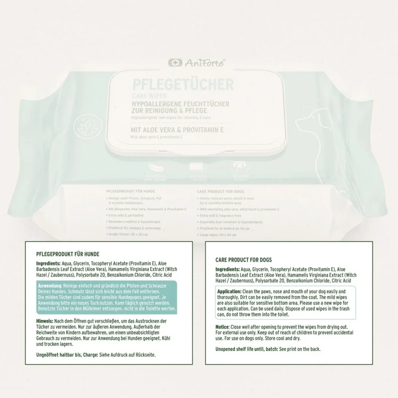 AniForte Pflegetücher für Hunde – Sanfte Reinigung für Pfoten, Fell & Gesicht mit Aloe Vera & Hamamelis, Hypoallergen & Mild
