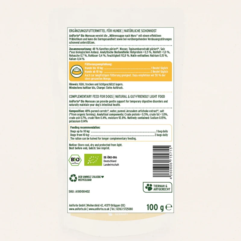 AniForte Bio Morosan Schonkost für Hunde – Natürliche Hilfe bei Durchfall & Verdauungsproblemen, Bio-Qualität mit Morosuppe