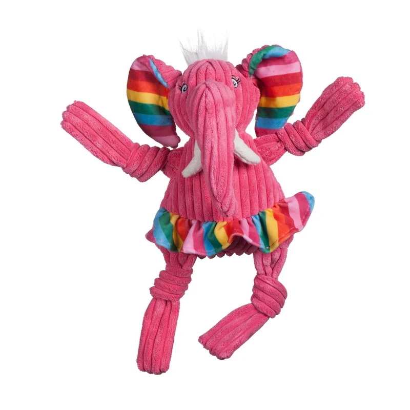 HuggleHounds Rainbow Elephant Knottie – Robustes Plüsch-Hundespielzeug mit geknoteten Gliedmaßen für aktive Kau- und Zerrspiele