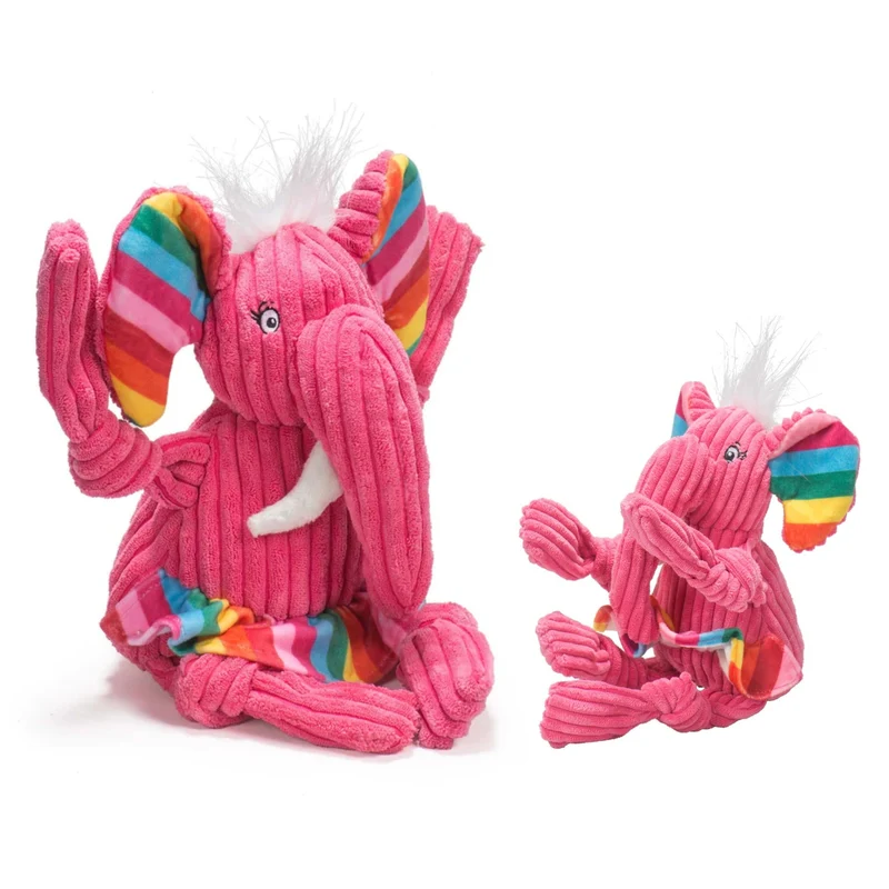 HuggleHounds Rainbow Elephant Knottie – Robustes Plüsch-Hundespielzeug mit geknoteten Gliedmaßen für aktive Kau- und Zerrspiele