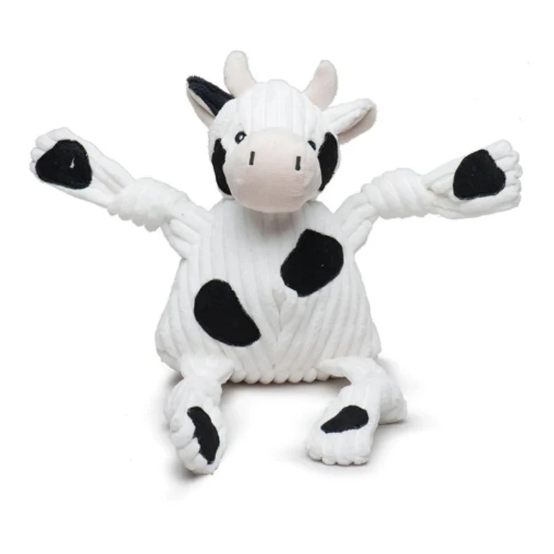 HuggleHounds Dottie Cow Knottie – Robustes Plüschspielzeug mit Quietscher für intensive Kausessions & aktiven Spielspaß