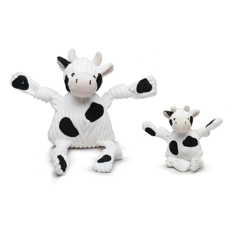 HuggleHounds Dottie Cow Knottie – Robustes Plüschspielzeug mit Quietscher für intensive Kausessions & aktiven Spielspaß
