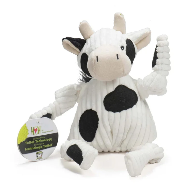 HuggleHounds Dottie Cow Knottie – Robustes Plüschspielzeug mit Quietscher für intensive Kausessions & aktiven Spielspaß