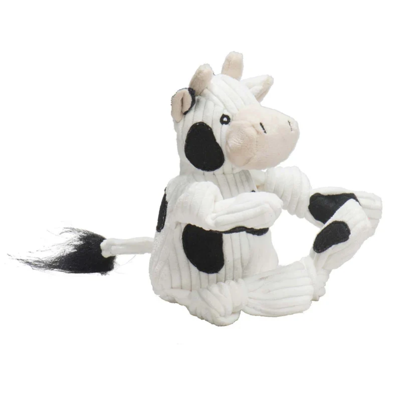 HuggleHounds Dottie Cow Knottie – Robustes Plüschspielzeug mit Quietscher für intensive Kausessions & aktiven Spielspaß