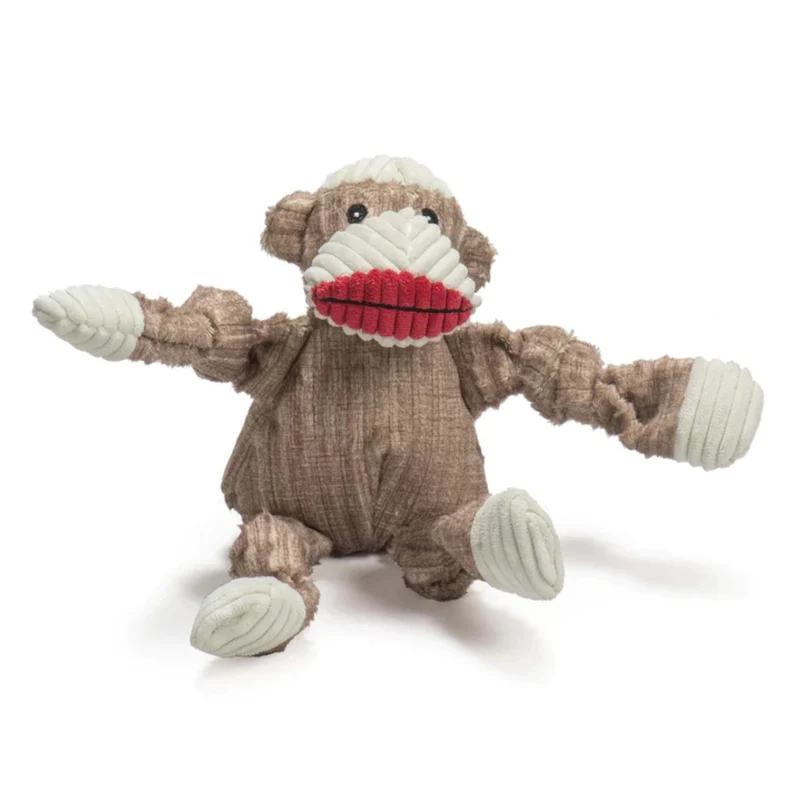 HuggleHounds Stuey Sock Monkey Knottie – Robustes Hundespielzeug mit Quietscher für starke Kauer, Apportieren & Kuscheln