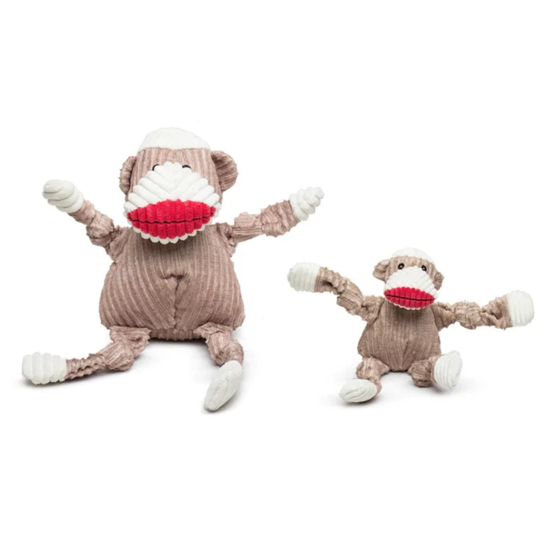 HuggleHounds Stuey Sock Monkey Knottie – Robustes Hundespielzeug mit Quietscher für starke Kauer, Apportieren & Kuscheln