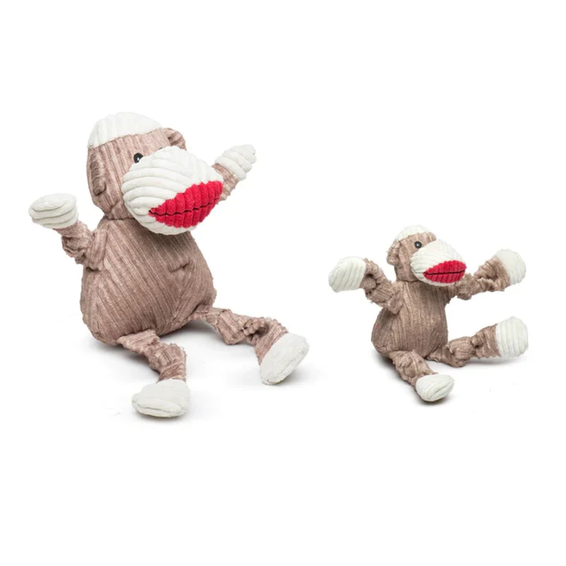 HuggleHounds Stuey Sock Monkey Knottie – Robustes Hundespielzeug mit Quietscher für starke Kauer, Apportieren & Kuscheln