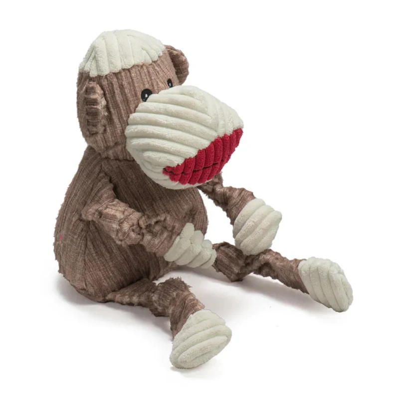 HuggleHounds Stuey Sock Monkey Knottie – Robustes Hundespielzeug mit Quietscher für starke Kauer, Apportieren & Kuscheln