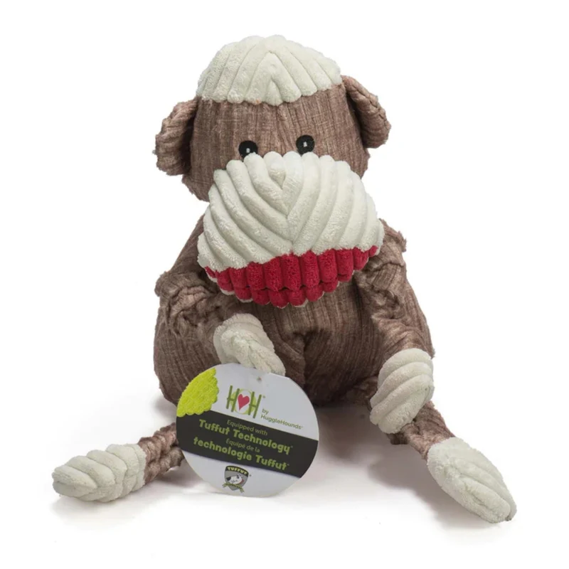 HuggleHounds Stuey Sock Monkey Knottie – Robustes Hundespielzeug mit Quietscher für starke Kauer, Apportieren & Kuscheln