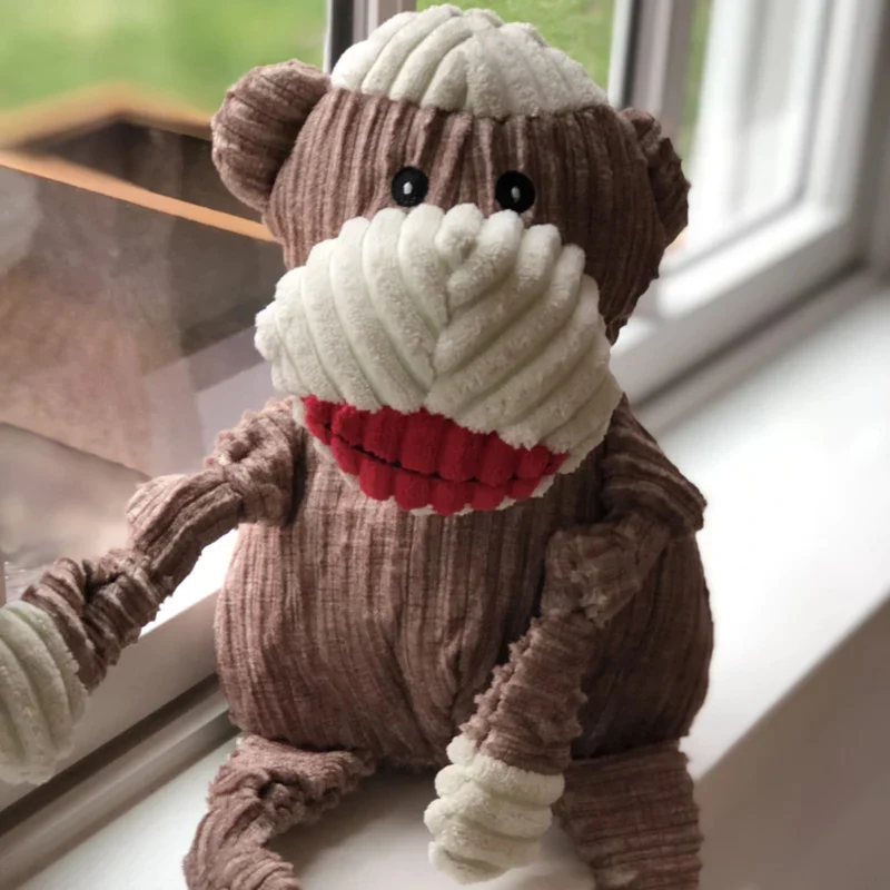 HuggleHounds Stuey Sock Monkey Knottie – Robustes Hundespielzeug mit Quietscher für starke Kauer, Apportieren & Kuscheln