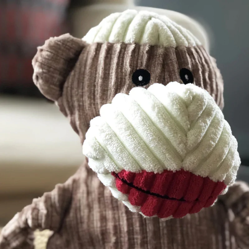 HuggleHounds Stuey Sock Monkey Knottie – Robustes Hundespielzeug mit Quietscher für starke Kauer, Apportieren & Kuscheln