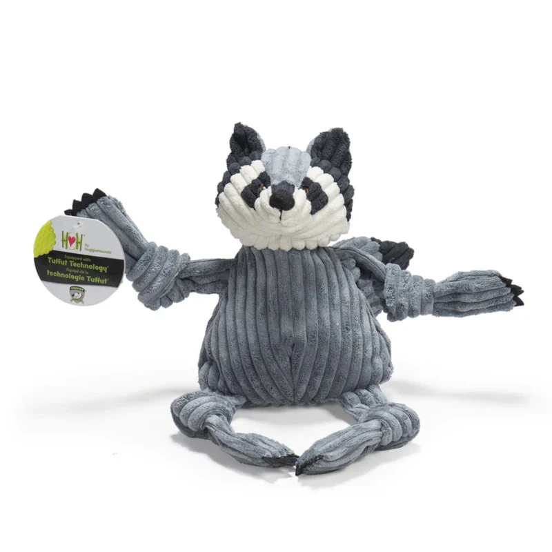HuggleHounds Reggie Raccoon Knottie – Robustes Waschbär-Plüschspielzeug mit geknoteten Armen & Beinen für interaktiven Spielspaß