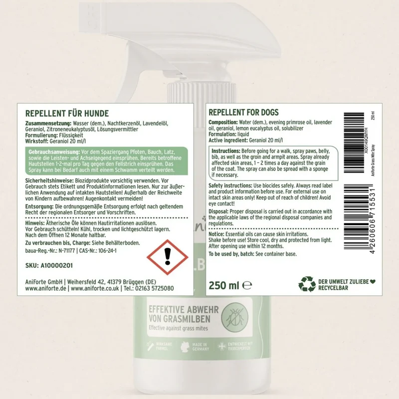 AniForte Grasmilben-EX Spray für Hunde – Natürlicher Schutz gegen Juckreiz, Hautreizungen & Grasmilbenbefall mit ätherischen Ölen