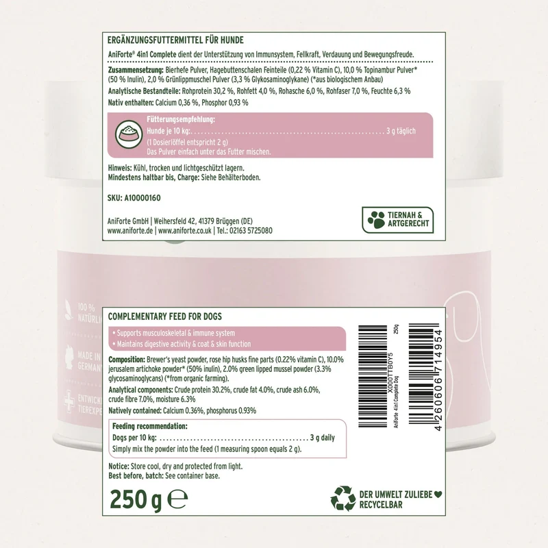 AniForte 4in1 Complete Dog – Natürliche Rundum-Versorgung mit Bierhefe, Hagebutte, Seealge & Traubenkernmehl für Vitalität, Immunsystem & glänzendes Fell