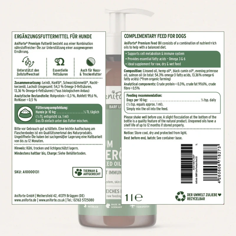 AniForte Barf Line Premium Futteröl für Hunde – Natürliche Omega-3 & Omega-6 Fettsäuren für glänzendes Fell, gesunde Haut und mehr Vitalität