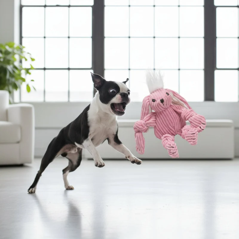 HuggleHounds Bitsy Bunny Knottie – Strapazierfähiges Plüsch-Hundespielzeug mit geknoteten Gliedmaßen für intensive Kausessions und aktives Spielen