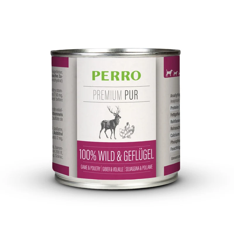 Perro Premium Pur Wild & Geflügel – Hypoallergenes Hunde Nassfutter für sensible Verdauung, Ausschlussdiät geeignet, getreidefrei & glutenfrei