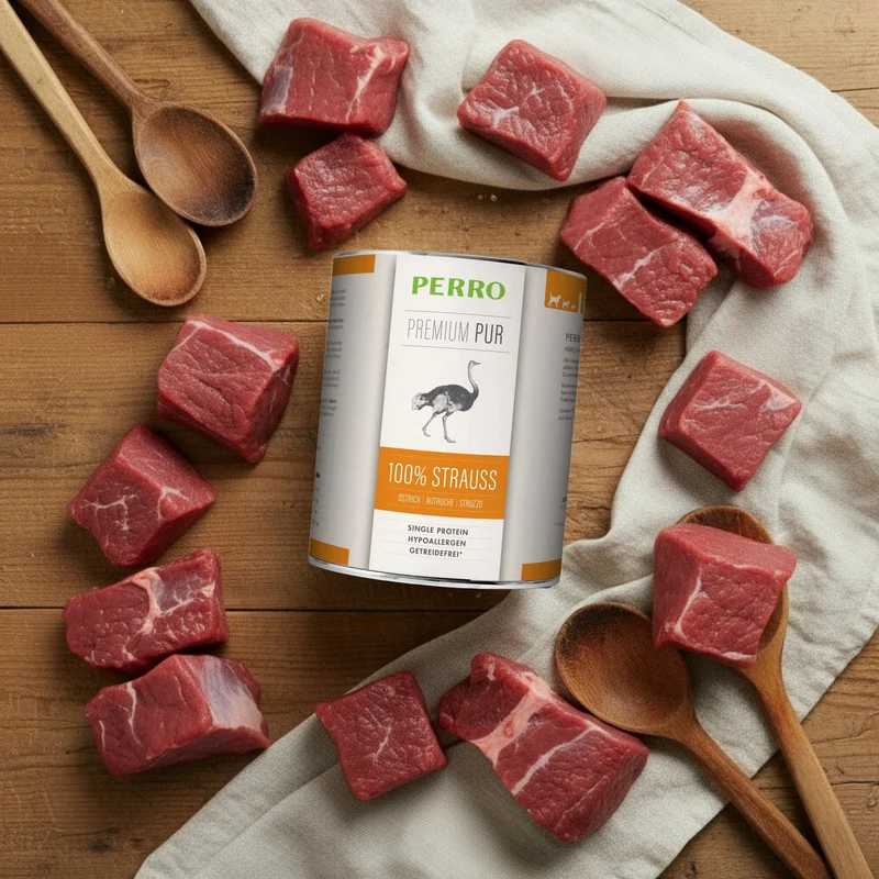 Perro Premium Pur Strauß – 100% Monoprotein Nassfutter für Hunde mit Futtermittelunverträglichkeit & Allergien | Hypoallergen, Getreidefrei, Glutenfrei, Singleprotein