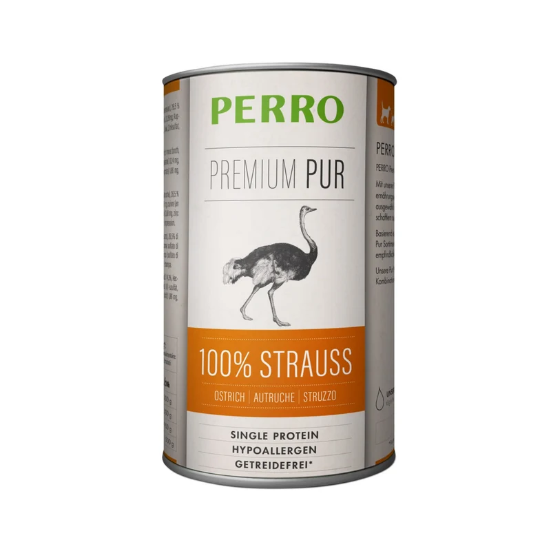Perro Premium Pur Strauß – 100% Monoprotein Nassfutter für Hunde mit Futtermittelunverträglichkeit & Allergien | Hypoallergen, Getreidefrei, Glutenfrei, Singleprotein