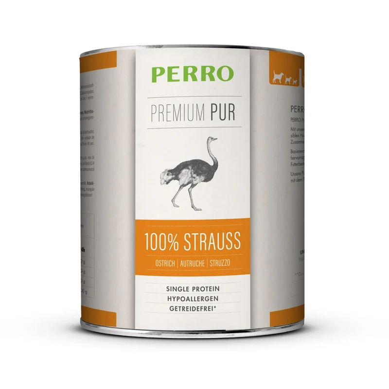 Perro Premium Pur Strauß – 100% Monoprotein Nassfutter für Hunde mit Futtermittelunverträglichkeit & Allergien | Hypoallergen, Getreidefrei, Glutenfrei, Singleprotein